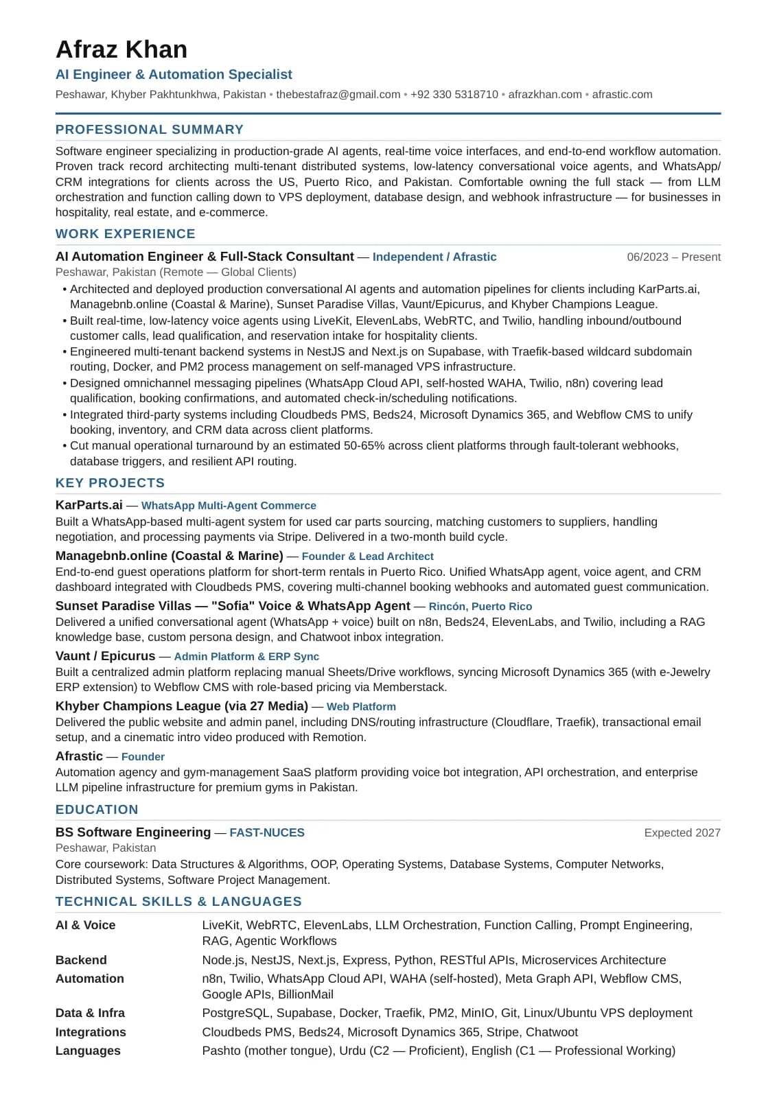 Preview of Afraz Khan’s one-page CV, covering work experience, key projects, education, and technical skills. Open the PDF to read the full document.